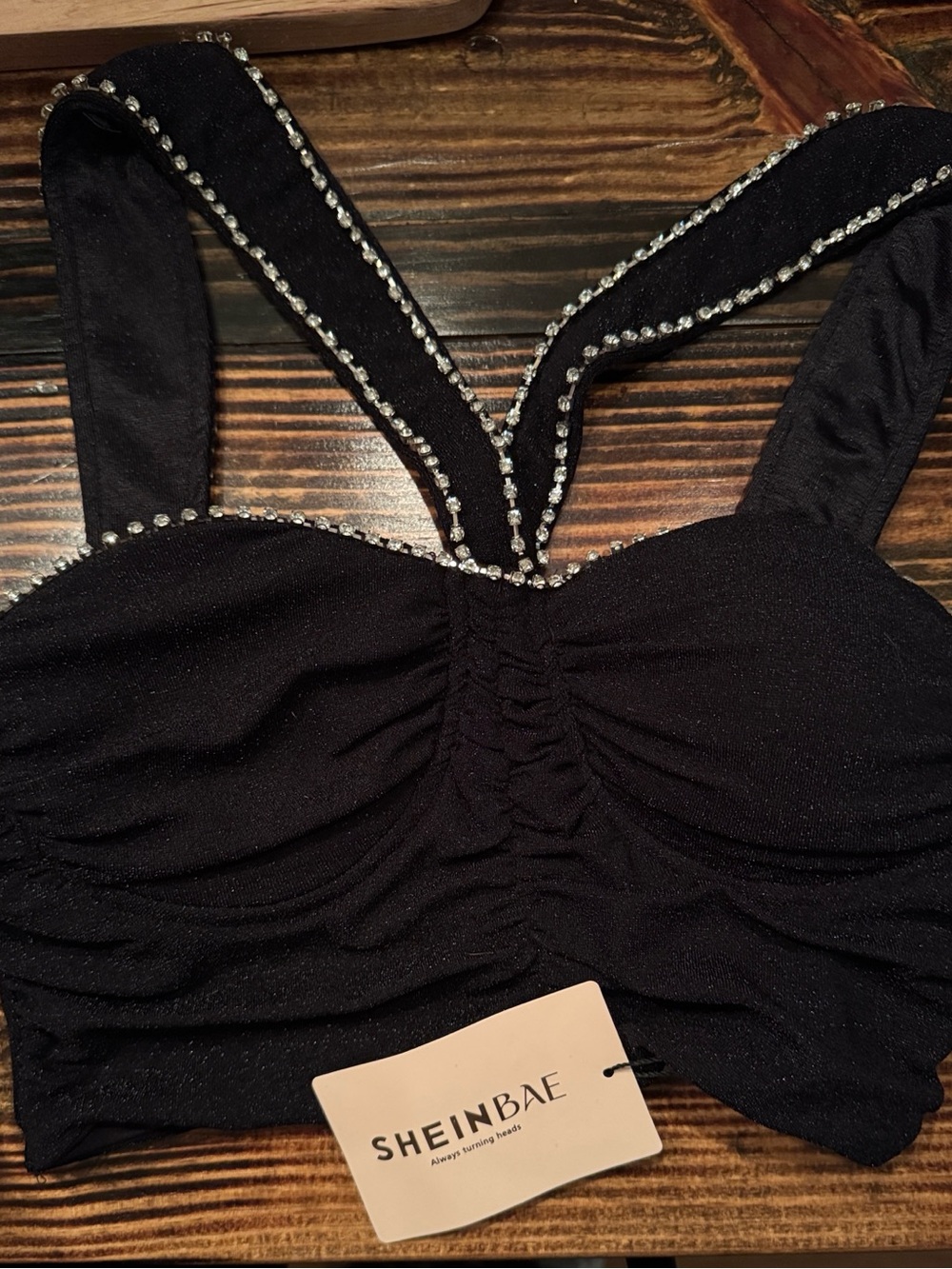 SHEIN Black Sparkle Rhinestone-Trim Cropped Tank
